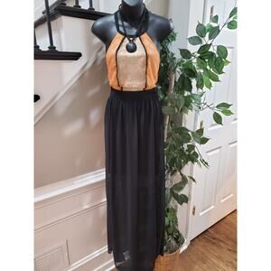 Jealous Tomato Women's Black & Yellow Round Neck Sleeveless Long Maxi Dress S